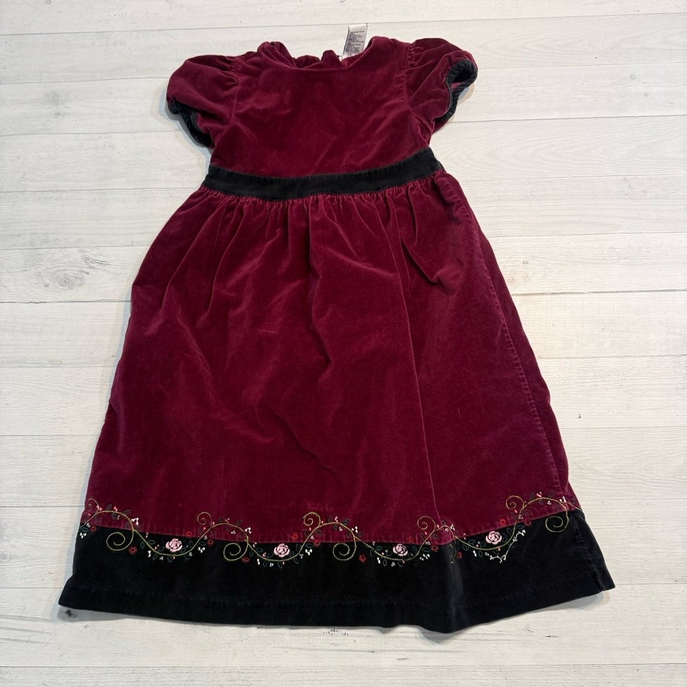 Gymboree girls velour dress maroon black floral stiching 2000 XL 6